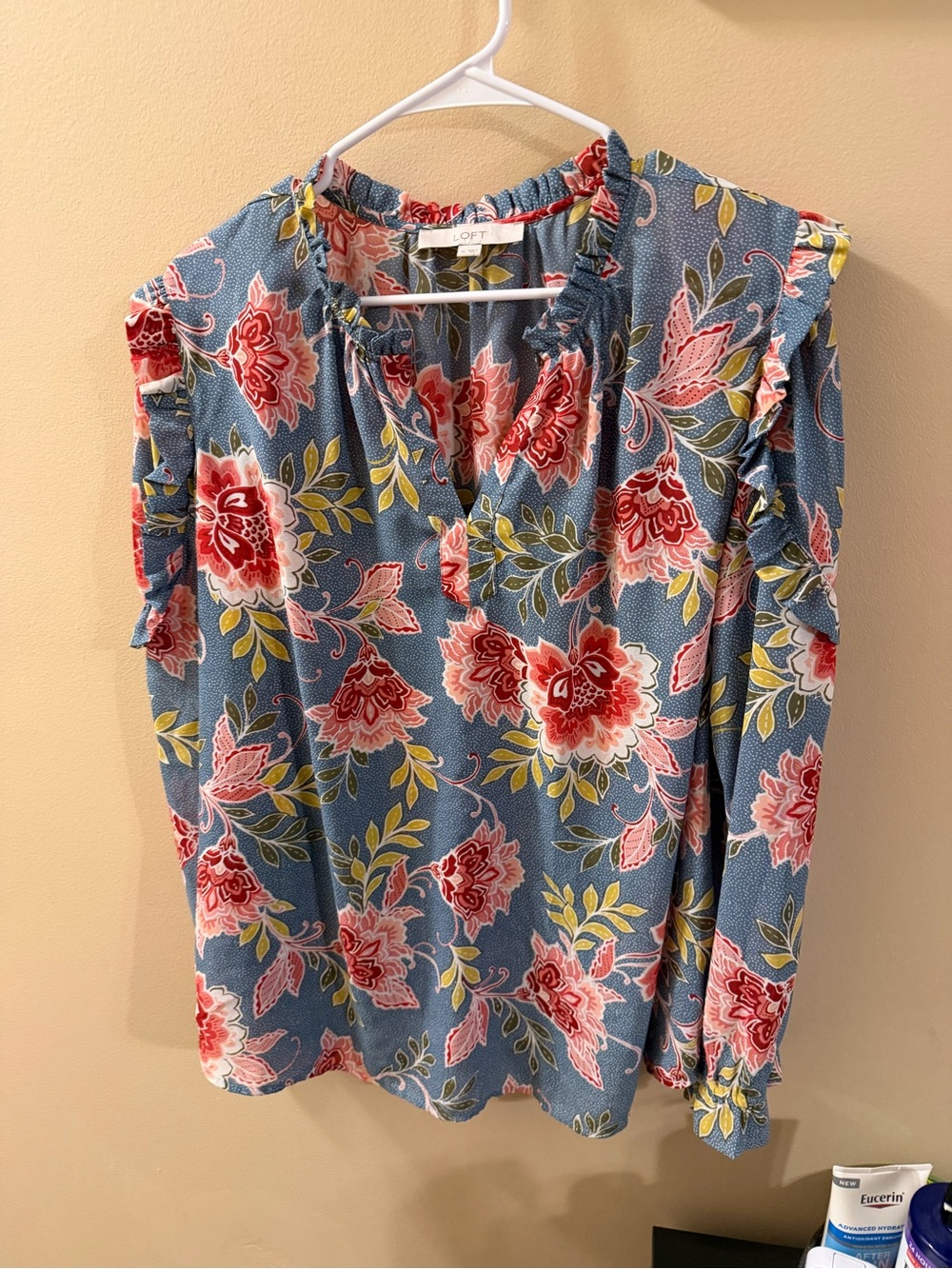 LOFT Blue Floral Ruffle Cold-Shoulder Blouse size XL